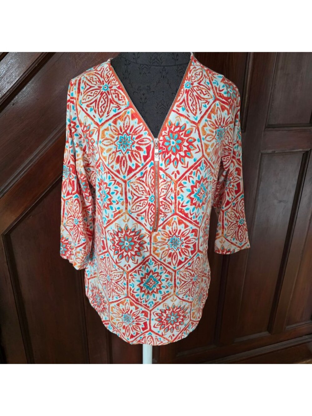 Belle By Kim Gravel Womens Multicolor 3/4 Sleeve Top With Zipper Front Size S Fl